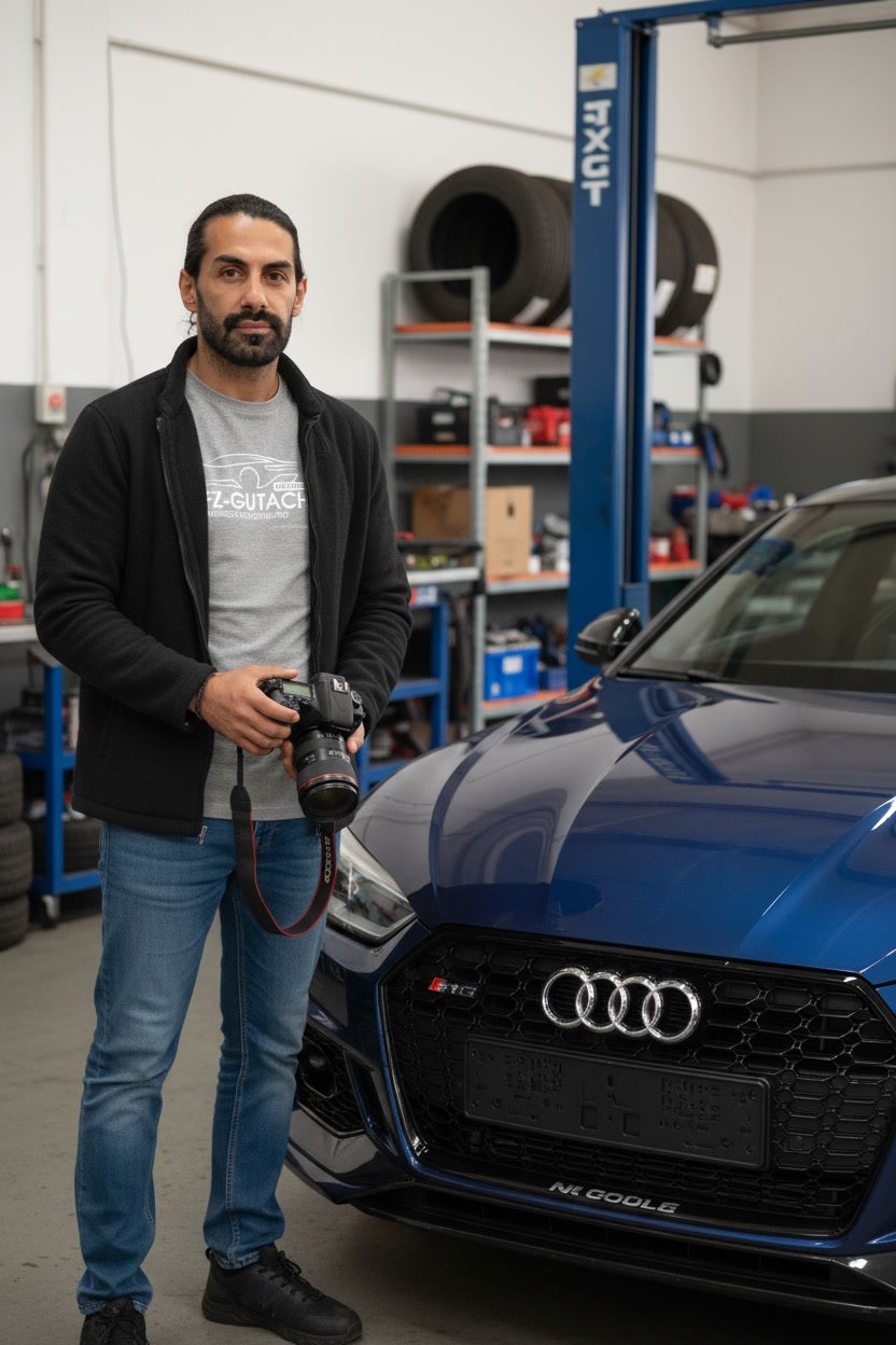 Kfz-Sachverständiger Deniz Selbes bei der Schadenaufnahme an einem Unfallfahrzeug